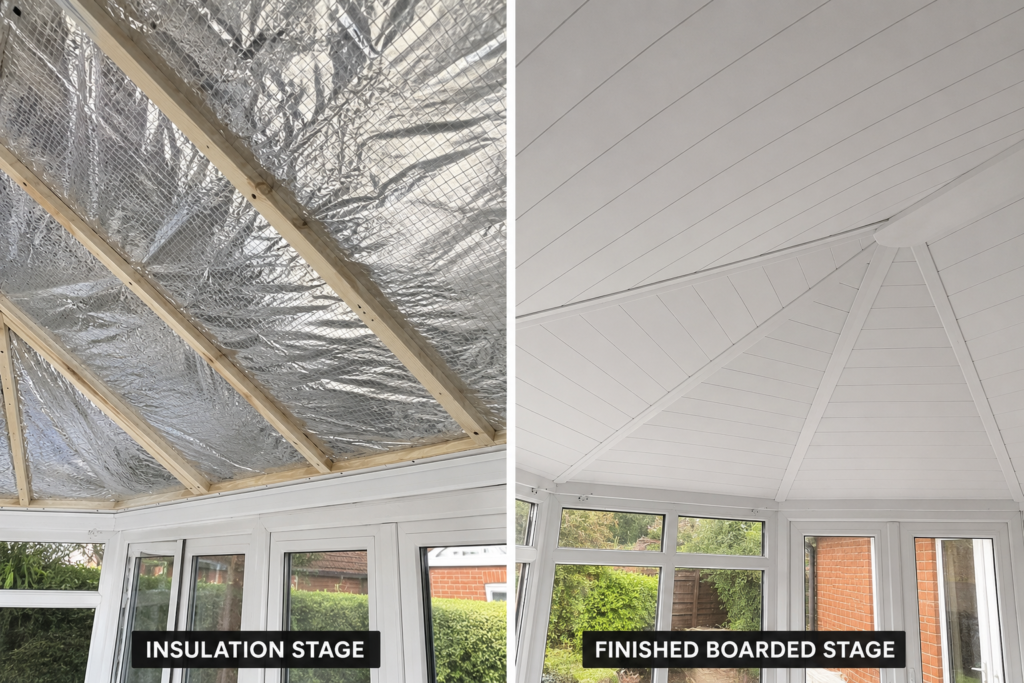 Conservatory roof insulation installation and finished boarded ceiling